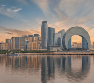 Flame Towers skyline in Baku at sunset