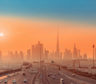 Dubai skyline at sunrise overlooking cityscape