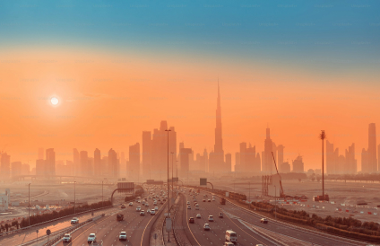 Dubai skyline at sunrise overlooking cityscape